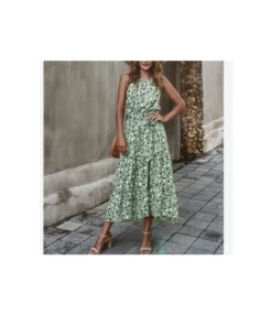 Polka Dot Print Halterneck Sleeveless Irregular Hem Tie-Up Swing Ruffle Dress Resort Casual Wholesale Dresses SDN532979