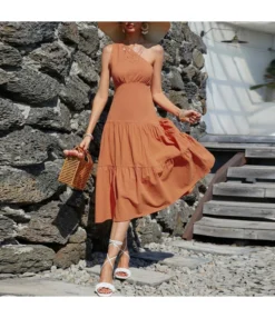 Fashion Solid Color High Waist Slanted Shoulder Smocked Dress Midi Casual Wholesale Dresses SD168401