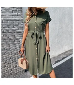 Summer Lapel Single-Breasted Lace-Up Wasit Solid Color Casual Dress Wholesale Dresses N5323022200235