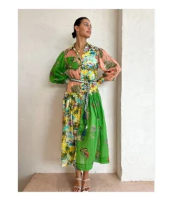 Fashion Graffiti Print Single Breasted Lantern Sleeve Tie Waist Dress Wholesale Dresses N5923080800047