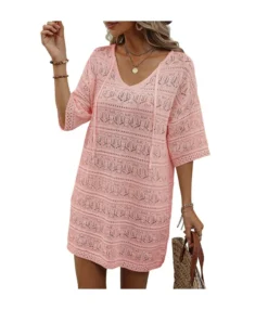 Casual Short-Sleeved V-Neck Hollow Vacation Beach Sunscreen Dress Wholesale Dresses V5923051300042