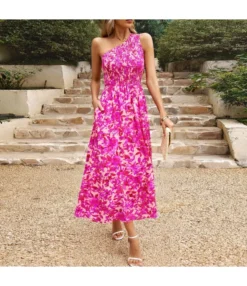 Elegant Sloping Shoulder Flower Print Long Dress Wholesale Dresses V5923041200029