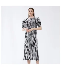 Fresh Zebra Print Pleated Loose Lantern Sleeve Dress Wholesale Dresses N5923082300007