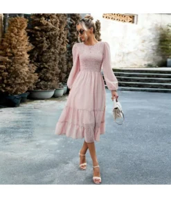 Elegant Solid Color Bubble Sleeve Jacquard Long Dress Wholesale Dresses N4623071700112