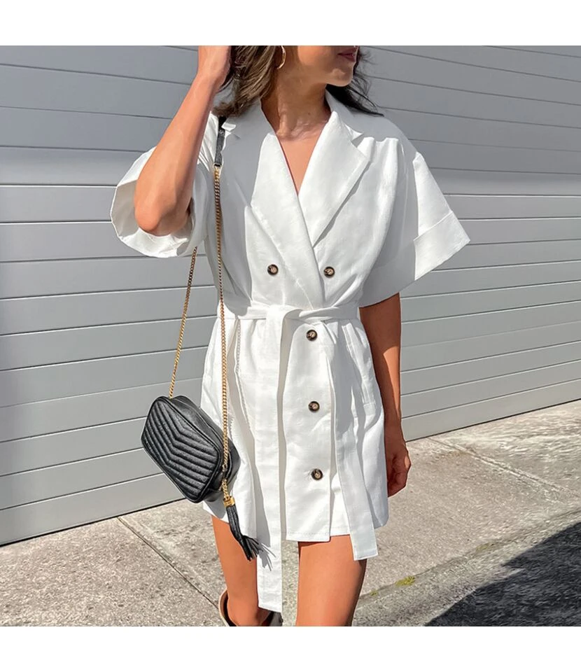 Button-Down Short-Sleeve Belt Commuter Loose Suit Dress Wholesale Dresses N4623070600032 - Image 5