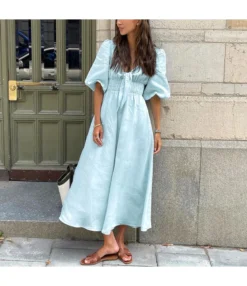 A-Line V-Neck Temperament Solid Color Puff Sleeve Dress Wholesale Dresses N462303280016499