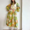 Single Breasted Long Lantern Sleeve Graffiti Print Tie Waist Dress Wholesale Dresses N5923080800030