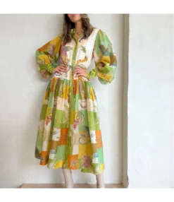 Single Breasted Long Lantern Sleeve Graffiti Print Tie Waist Dress Wholesale Dresses N5923080800030