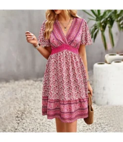 V-Neck Floral Bohemian Short-Sleeved Mid-Length Dress Wholesale Dresses N462423032300176