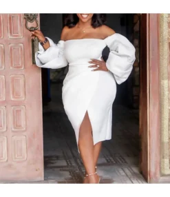 Off-Shoulder Solid Color High-Waisted Puff-Sleeved Slit Dress Wholesale Womens Clothing N3823101700026