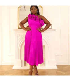 Casual Sleeveless Single-Shoulder Diagonal Collar Wood Ear Edge Thin Pleated Dress Wholesale Dresses V5923050600021