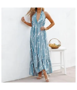 Striped Print Halter Neck Strapless Backless Asymmetric Swing Dress Wholesale Dresses N46723030400010