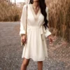 Elegant V-Neck Long Sleeve High Waist Tie Dress Wholesale Dresses N5923082200011