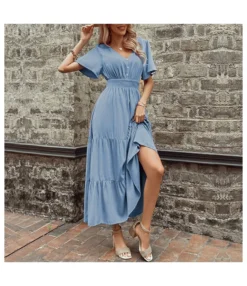 Commuting Short-Sleeved Simple Slim V-Neck Mid-Length Dress Wholesale Dresses N463623022200180