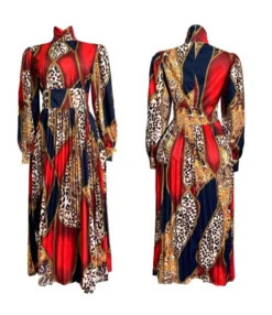 Long Sleeve High Waist Pleated Printed Dress Wholesale Womens Clothing N3823101700018