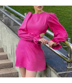 Lantern Sleeve Hollow Solid Color Commuter Niche A-Line Dress Wholesale Dresses N463823021400186