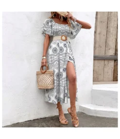 Pleated Trumpet Sleeve Printed Square Neck Slit Dress Wholesale Dresses