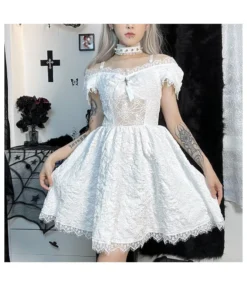 Dark Goth Halloween Jacquard Bubble Sleeve Short Dress Wholesale Dresses V5923041900044