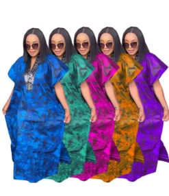 V-Neck Bell Sleeves Sequin Printed Loose Ethnic Robe Dress Wholesale Plus Size Womens Clothing N3823102000149