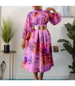 High Waist Floral Print Long Sleeve Stand-Up Collar Dress With Belt Wholesale Dresses N5323032800191