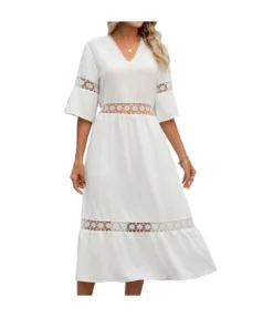 Solid Color V-Neck Hollow Stitching Mid-Sleeve Commuter Dress Wholesale Dresses N4623052500032