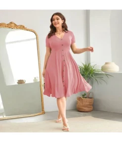 Wholesale Plus Size Clothing V-Neck Waistline Hem Short-Sleeved Dress V5923042600011