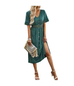 Casual Short-Sleeved Single-Breasted Solid Color V-Neck Long Dress Wholesale Dresses V5923050300060