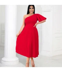 Casual Solid Color Bubble Sleeve Single Shoulder Diagonal Collar Pleated Dress Wholesale Dresses V5923050600003