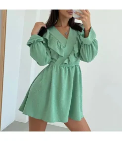 Commuter Ruffled V-Neck Puff Sleeve Solid Color A-Line Dress Wholesale Dresses N463423021400186