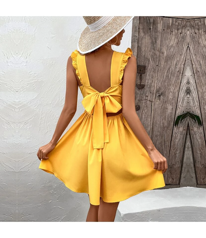 Backless Wooden Ears Sleeveless V-Neck Solid Color Dress Wholesale Dresses N4623041000136 - Image 6