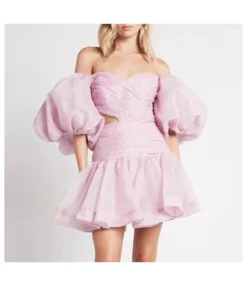 Bubble Sleeve Pleated Off Shoulder Short Tight Hollow A-Line Dress Wholesale Dresses N5323032300032