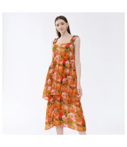 Fashion Flower Print Multi Layered Pleated Camisole Dress Wholesale Dresses N5923082300017
