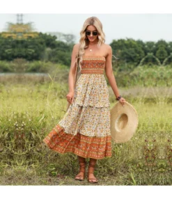 Ethnic Style Wrap Chest Ruffled Floral Bohemian Tube Top Smocked Dress Wholesale Dresses N5323021500050