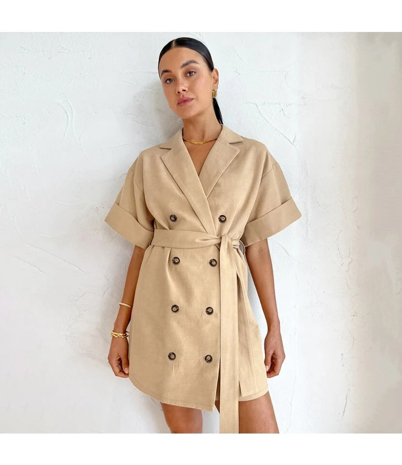 Button-Down Short-Sleeve Belt Commuter Loose Suit Dress Wholesale Dresses N4623070600032 - Image 3