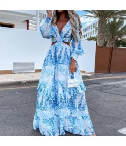 Fashion Print V-Neck Hollow Long-Sleeved Dress Wholesale Dresses V5923041500046