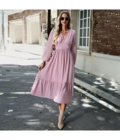 Elegant Solid Color V-Neck Bubble Sleeve Long Dress Wholesale Dresses N5923081800003