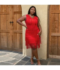 Fashion V-Neck Sleeveless High Waist Mid-Length Fringe Hip Dress Wholesale Dresses V5923050600028