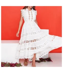 Solid Color Stand Collar Sleeveless Hollow Embroidered Lace Dress Wholesale Maxi Dresses N5323032300034