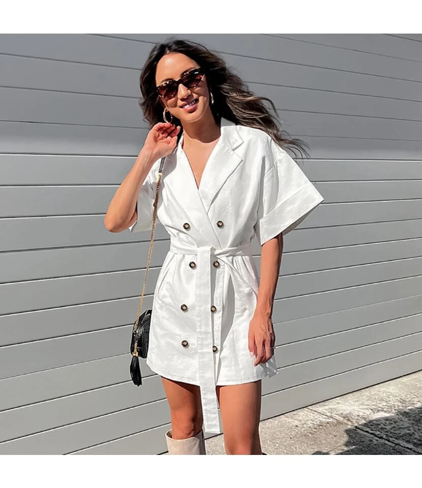 Button-Down Short-Sleeve Belt Commuter Loose Suit Dress Wholesale Dresses N4623070600032 - Image 6