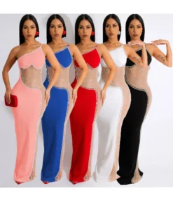 Sexy Pearl Hot Drill See-Through Mesh Oblique One-Shoulder Dress Wholesale Dresses V5923031800123