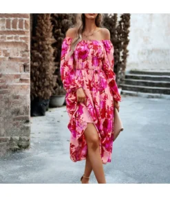 Pleated Wood Ear Side Printed One Word Collar Square Neck Dress Wholesale Dresses N4623071700096