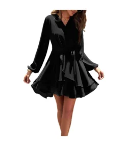Temperament Solid Color V-Neck High Waist Tie Long Sleeve Dress Wholesale Dresses N5923080800002