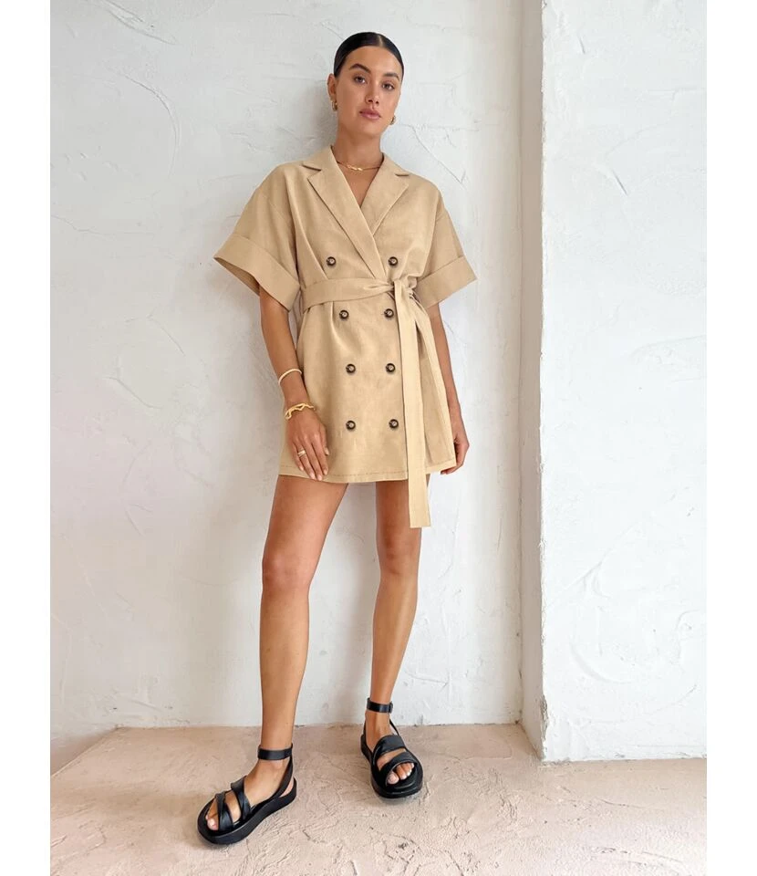 Button-Down Short-Sleeve Belt Commuter Loose Suit Dress Wholesale Dresses N4623070600032 - Image 2