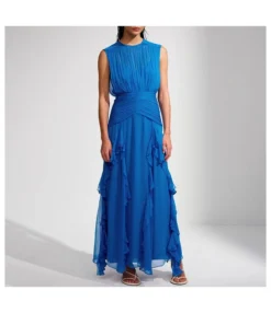 Elegant Sexy Round Neck Sleeveless Patchwork Waist-Slimming Pleated Tank Dress Wholesale Maxi Dresses N5323032300033