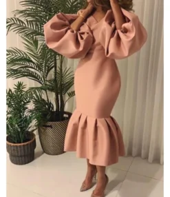 Fashion Solid Color V-Neck Bubble Long Sleeve Fishtail Dress Wholesale Dresses V5923050500012