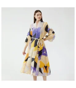 Premium French Printed V-Neck Ruffle Sleeve Waist-Closing Mid-Length Dress Wholesale Dresses N5923082300006