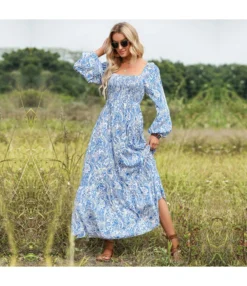 Square Collar Printed Long Sleeve Vacation Backless Swing Dress Wholesale Maxi Dresses N5323021600029