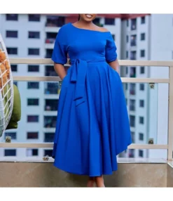 Off-Shoulder Solid Color Short-Sleeved Irregular Dress Wholesale Dresses N4623050300070