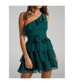 Solid Color Slanted Shoulder Lace-Up Flocking Smocked Cake Mini Dress Sexy Wholesale Dresses Chiffon SD531344