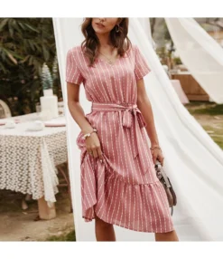Sexy V-Neck Striped Dress Casual Short Sleeve Lace Up Wholesale Dresses SDN560302